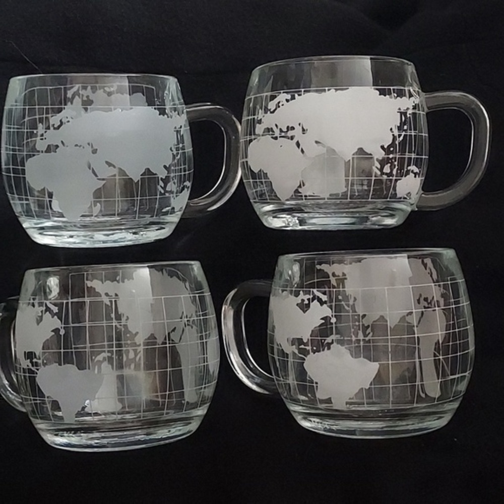 Vintage Nestle Nescafe Clear Glass World Map Globe Coffee  Mugs ~ Set of 4